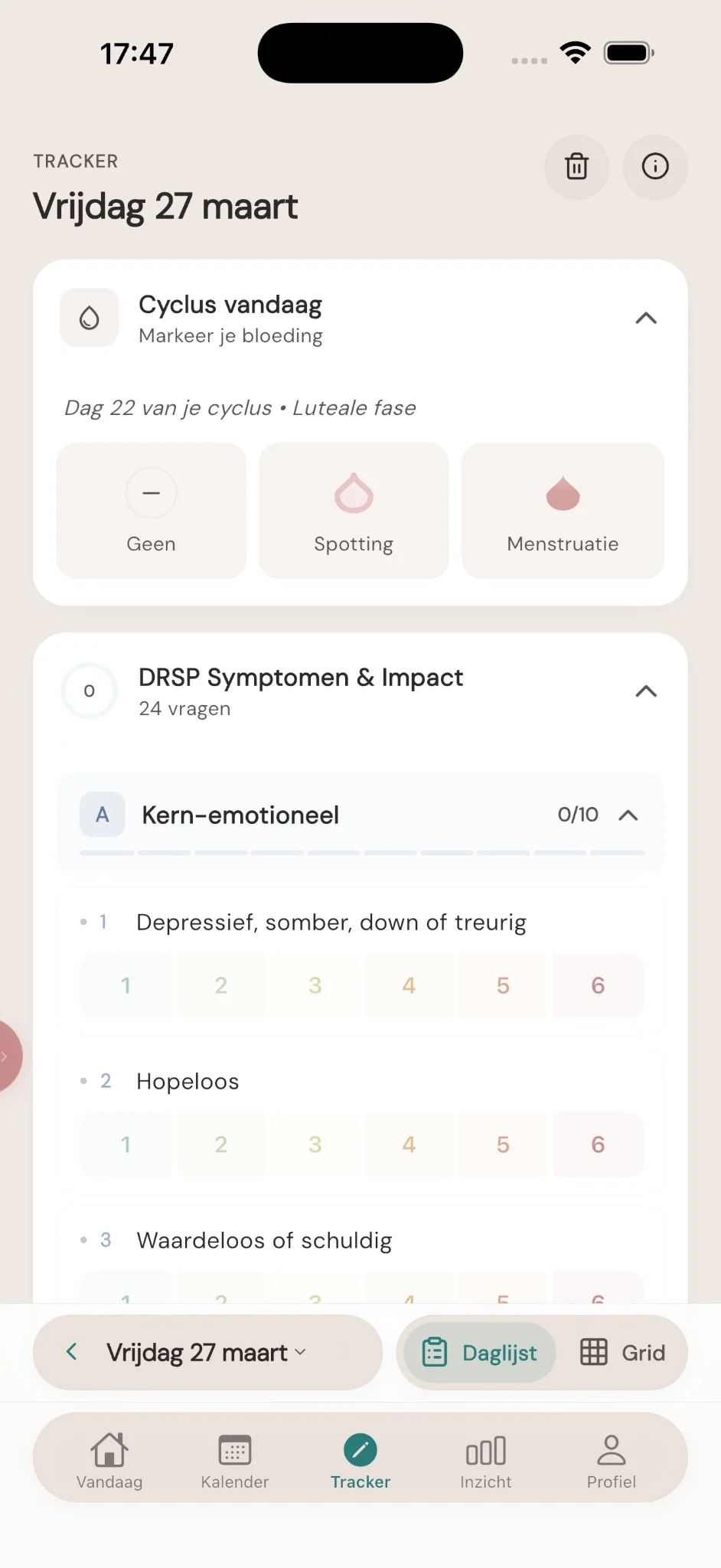 PMDD Tracker · Dagelijks scoren